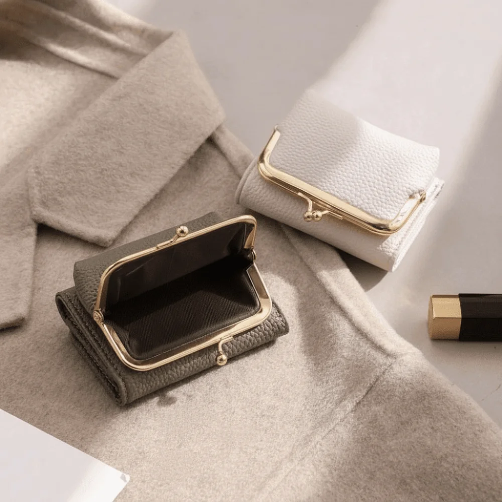 Coin Pouch Portable Kiss Lock Wallet Solid Color Multiple Card Slots 2 in 1 Card Bag Short Fashion Leather Coin Purse School
