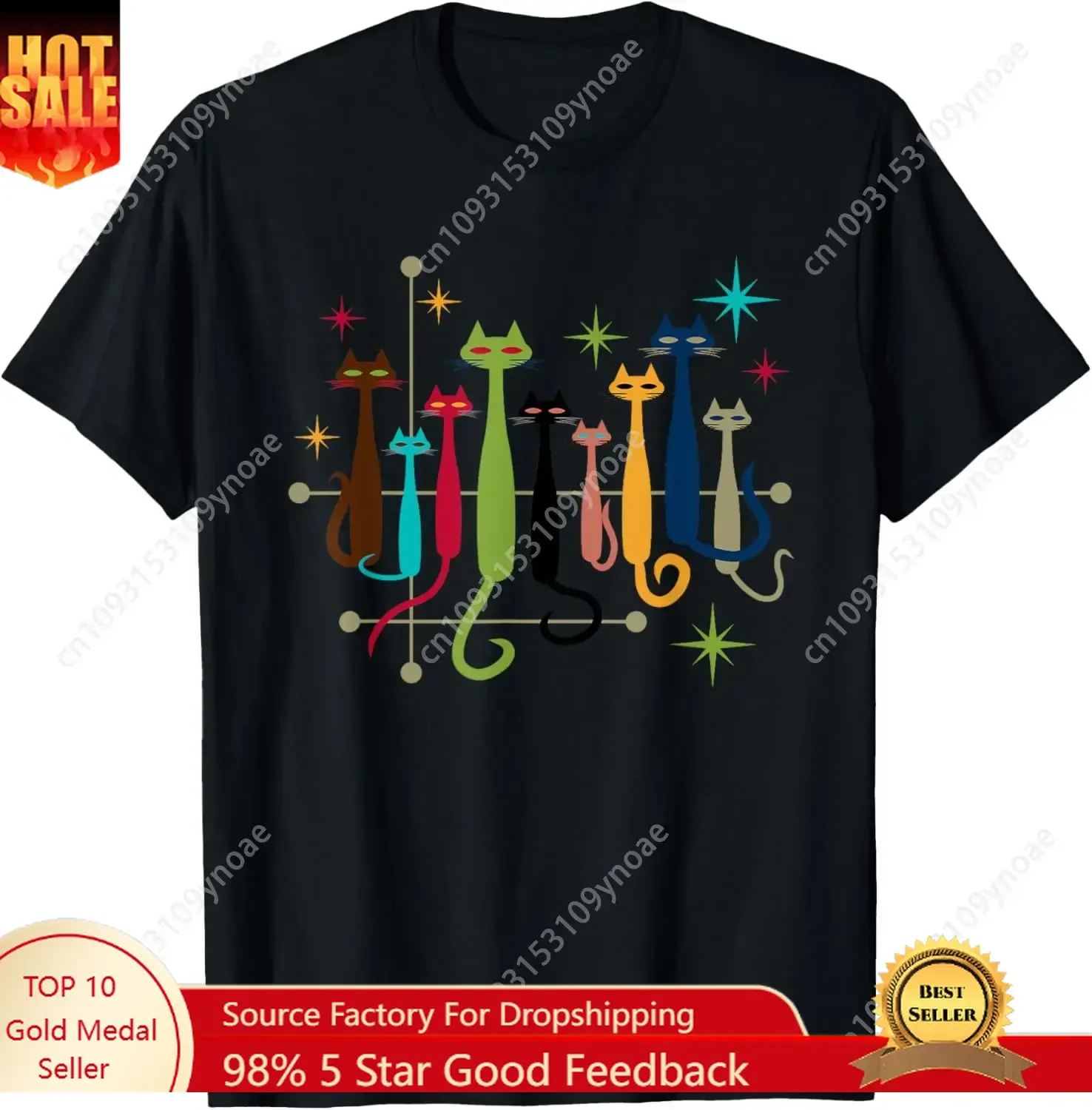 

Vintage Cat Retro MidCentury Modern Look Cats 50s 60s Style TShirt Man Women Cotton Tee Soft Shirt Breathable Top Short Sleeves