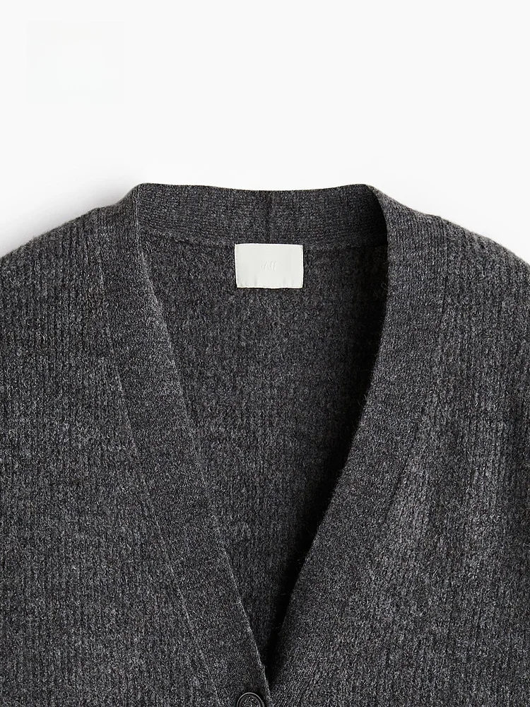 H&M Women's Knitted Cardigan Winter Warm Ribbed Loose V-Ne Button up Top Casual Sle Polyester Blend Long Sve ort Length