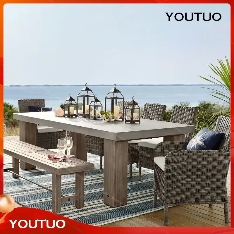 for Ferly Modern Outdoor Patio Dining Table Set with Concrete Top Teak Wood Bench Garden Furniture Chair and Table Set