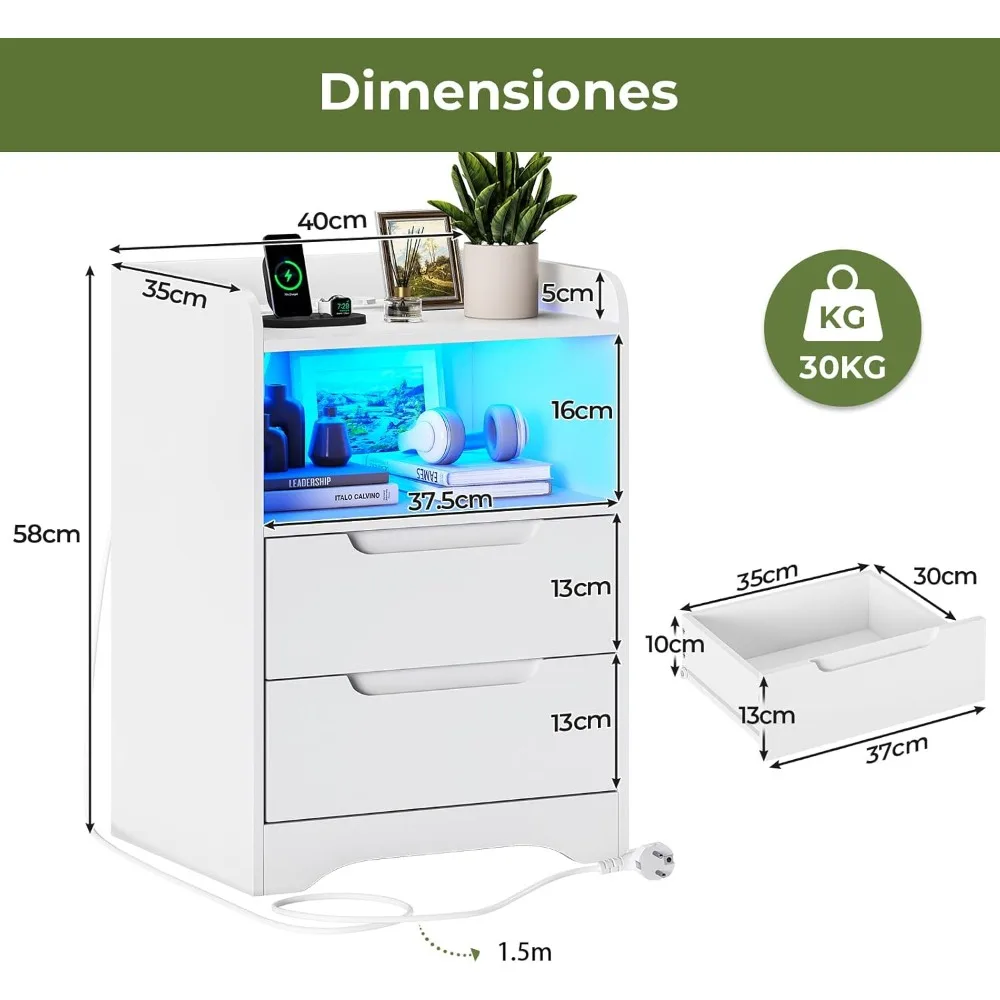 Juego 2 Mesitas Noche con luces LED y Estacional Carga (2 Tomas AC، 2 Portos USB) Mesita Noche Blanca Mesas Auxiliar #3
