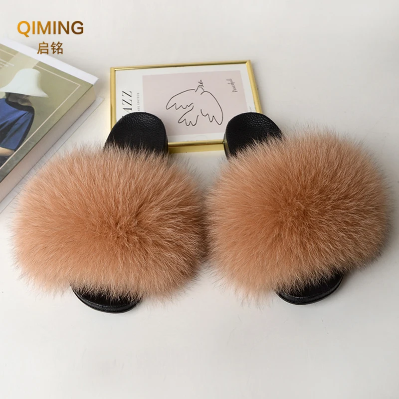 New Real Fox Fur Slides fur Slippers Lady Natural Raccoon Flip Flops Fluffy Fur Sandals Plush Women Shoes Woman Slipper