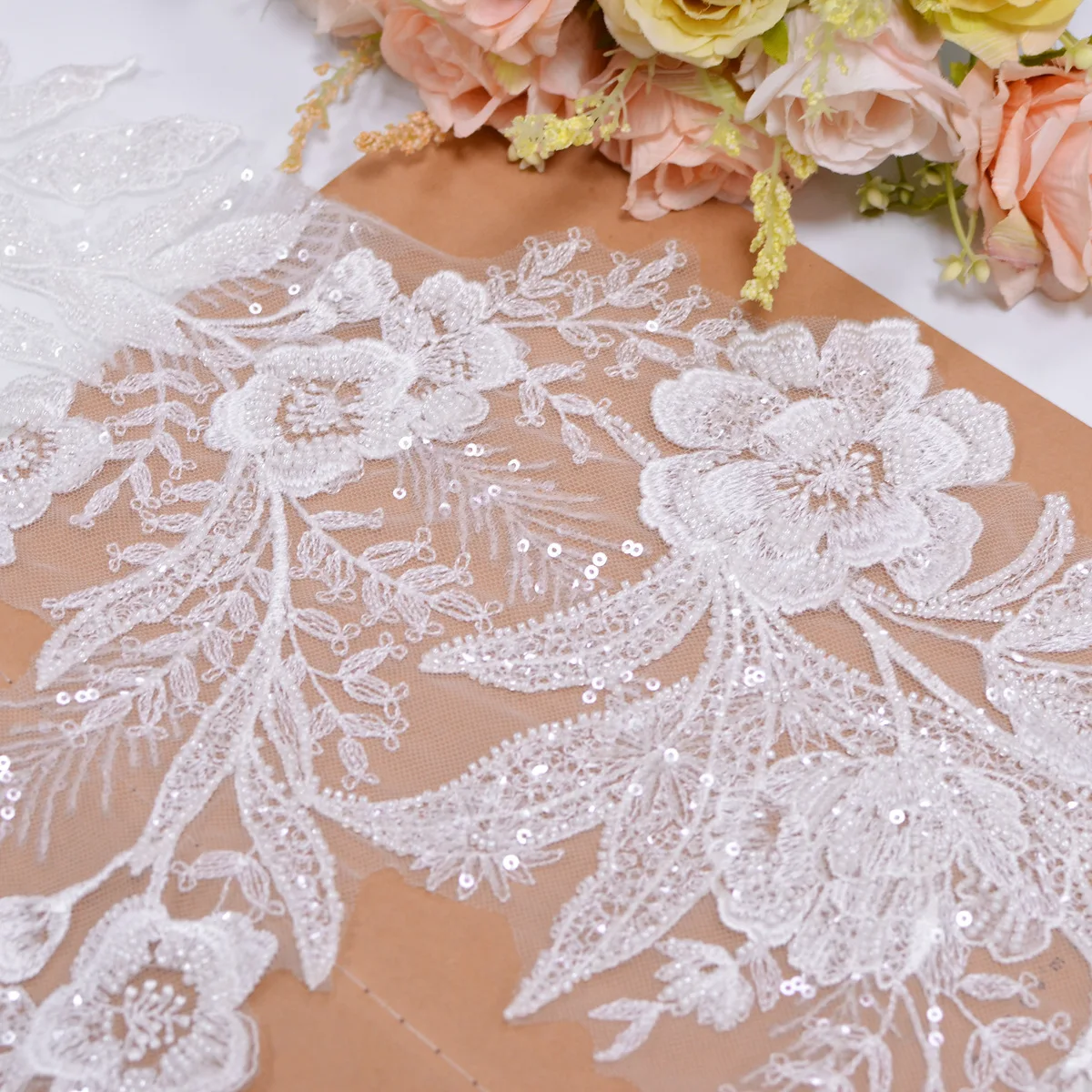 38CM Wide Ivory Beaded Lace Trim Sewing on Embroidery Wedding Lace Trimming 1 Yard