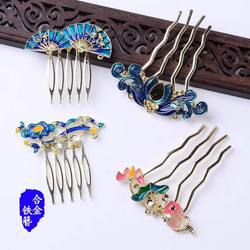 Antique diamond-encrusted colored jewelry headgear DIY new alloy drip carp lotus insert comb hair comb, wholesale