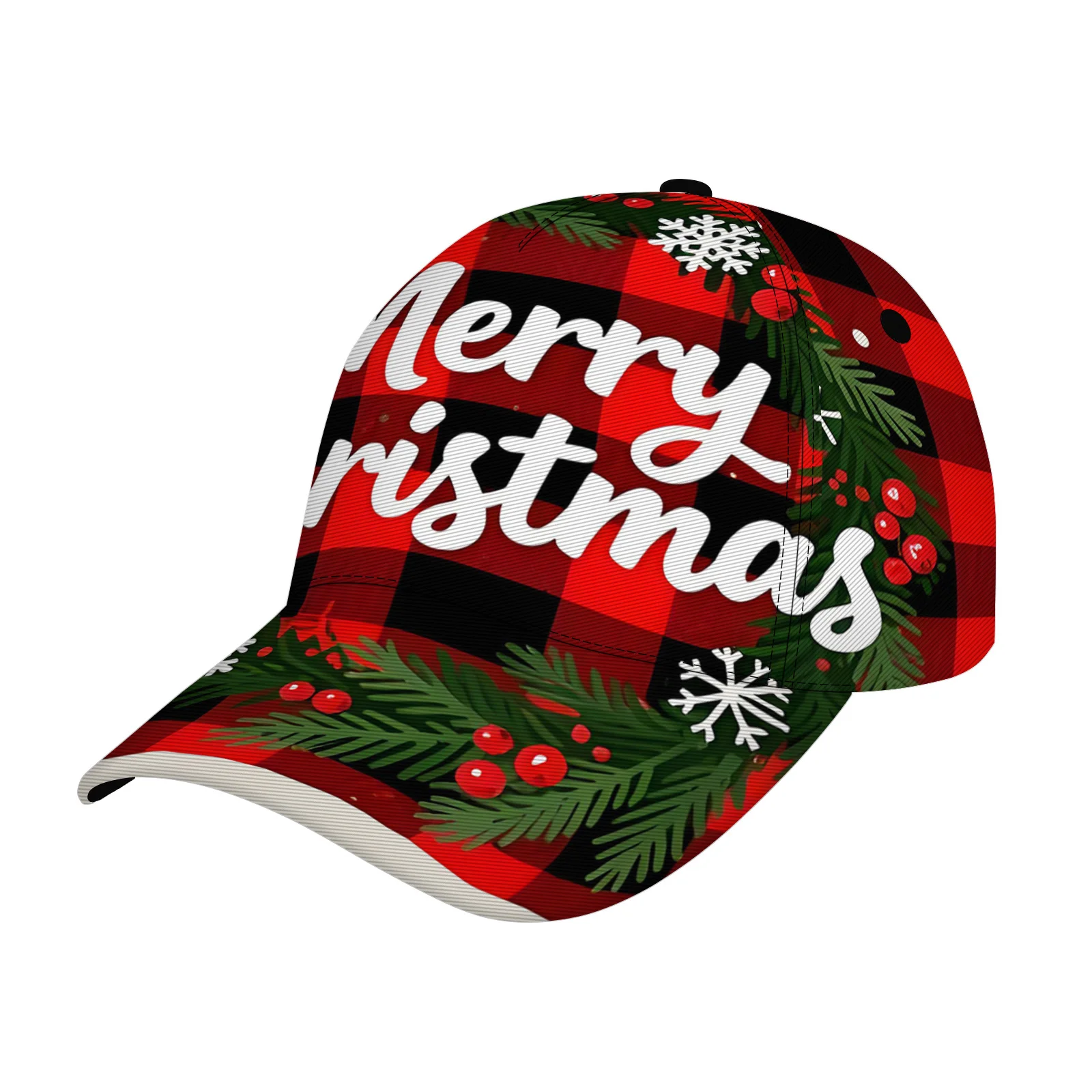 Christmas Exclusive Red Black Plaid Snowflake Print Adjustable Sun Hat Funky Holiday Hat with Snowflake Patterns