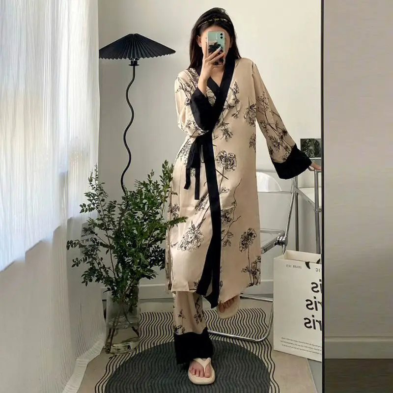 Women Vintage Stain Silk Robe Sleep Suit Pajamas Gown Set Female Patchwork Luxury Home Nightwear Spring Autumn Kimno Loungewear