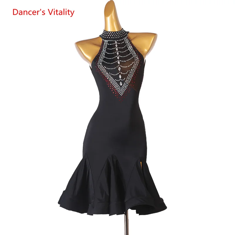 

Latin Dance Competition Dresses Cusomized Latin Professional Clothes for Women Senior Stones Sleeveless Chacha Dance Wear Outfit