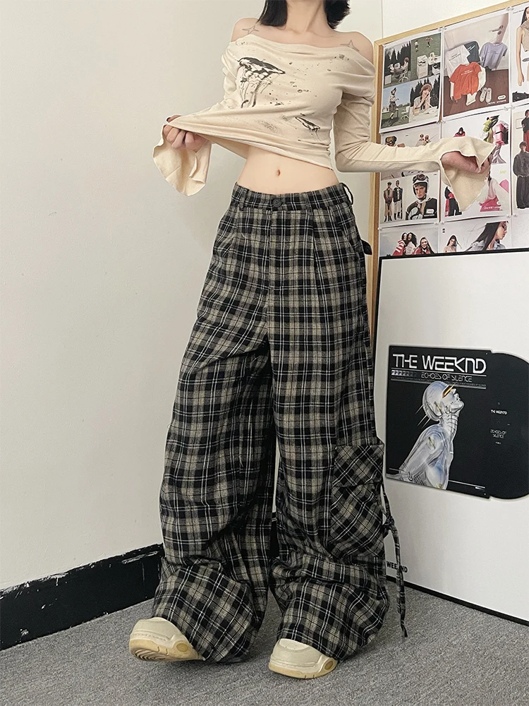 Fall Winter Women Baggy Long Trousers Dark Academia Gothic Plaid Pants Grunge Y2K Japanese Harajuku Grunge Tomboy Loose Casual