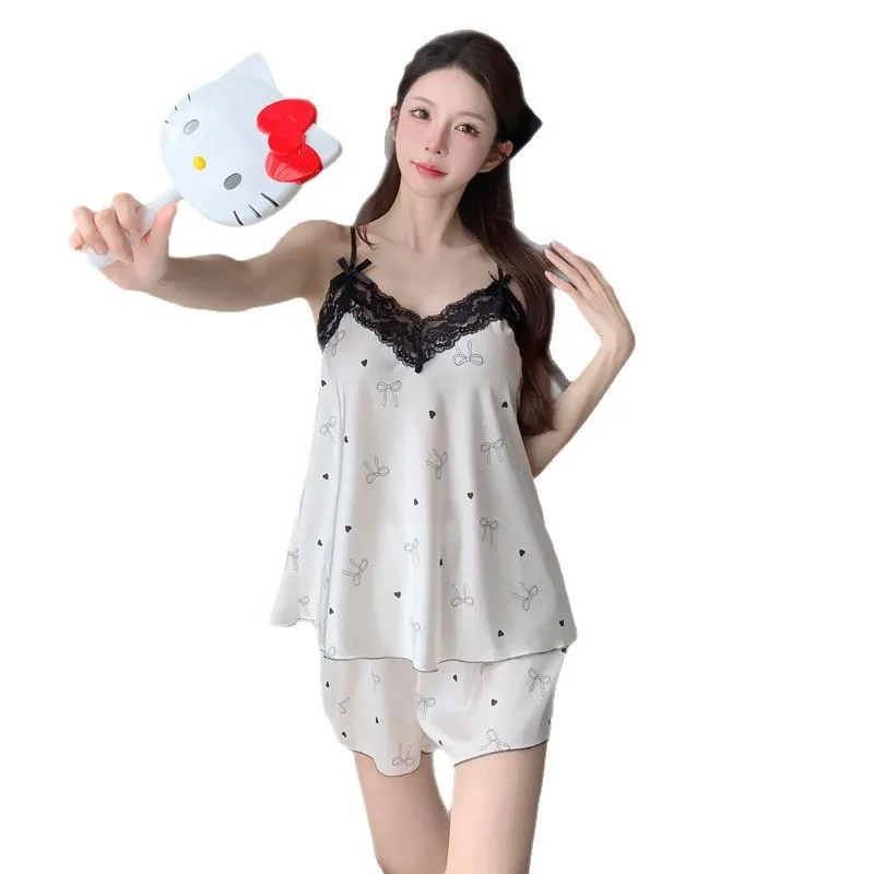

Women's Spring and Autumn Pajamas Summer Sexy Suspender Shorts Thin Simulation Silk Two-piece Set Homewear