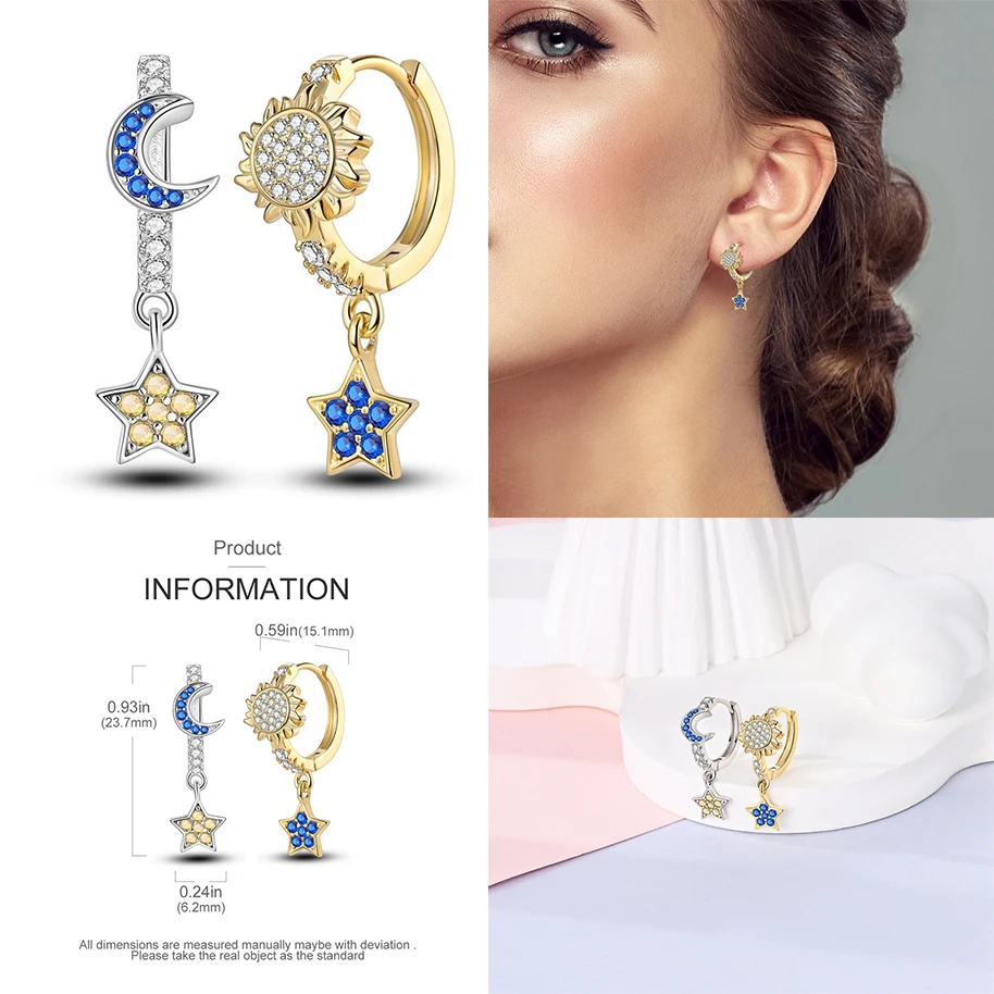 Blue Travel Magic Eye Earrings Original 925 Sterling Silver Pave CZ Star Moon Hoop Earrings Engagement Wedding Jewelry