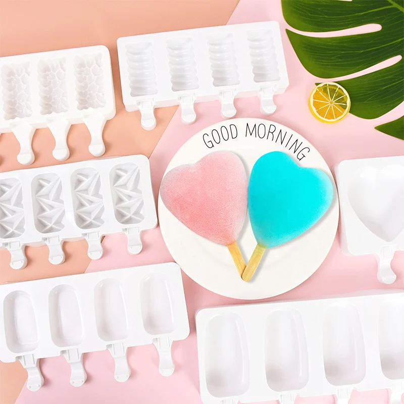 4 Hole DIY Silicone Ice Cream Mold Summer Popsicle Stick Mould For Pool Wedding Birthday Party Juice Ice Pop Maker Kitchen Tools