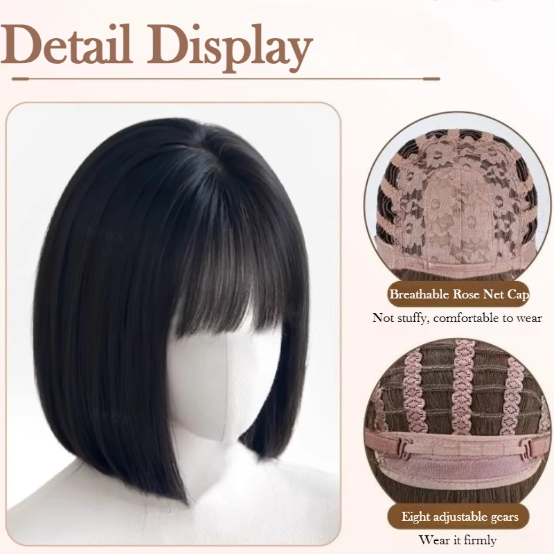 12 بوصة قصيرة مستقيم بوب شعر مستعار مع الانفجارات الاصطناعية الطبيعية تأثيري شعر مستعار للحفلات اليومية للنساء رقيق خصلات الشعر المستعار غطاء رأس كامل #3