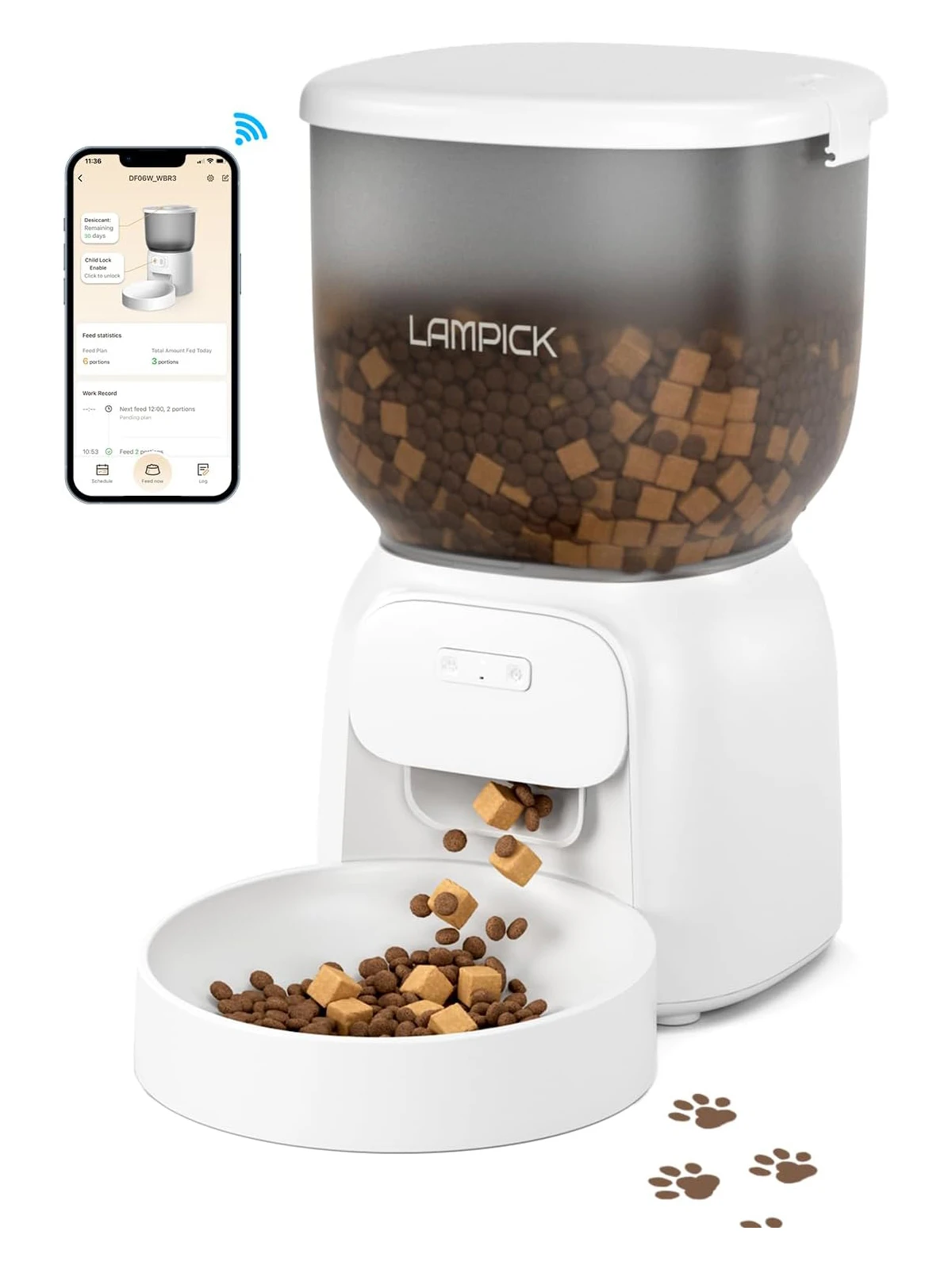 LAMPICK Smart Pet Automatic Feeder - 16.9 Cups Capacity, Anti-clog Design, APP Control, Dual Power Supply & Locking