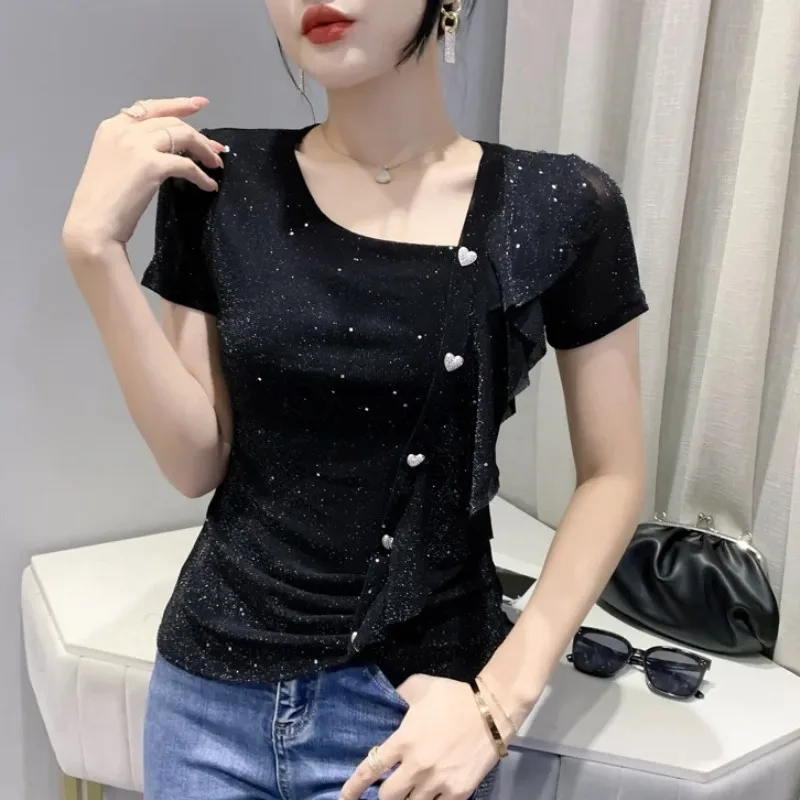 Traje de verano elegante Lrregular cuello inclinado camiseta de manga corta para mujer ropa delgada con volantes 2025 Tops de alta calidad Mujer