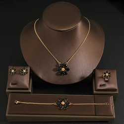 Black crystal flower Necklaces Stud Earrings Rings Jewelry Set For Women Luxury Necklace and Earring with Rhinestones For Party
