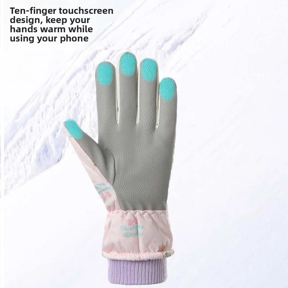 Warmers Mittens Fleece Liners Ski Mittens Anti-splash Water Printed Bear Thermal Gloves Adjustable Non-slip Snow Mittens Girls