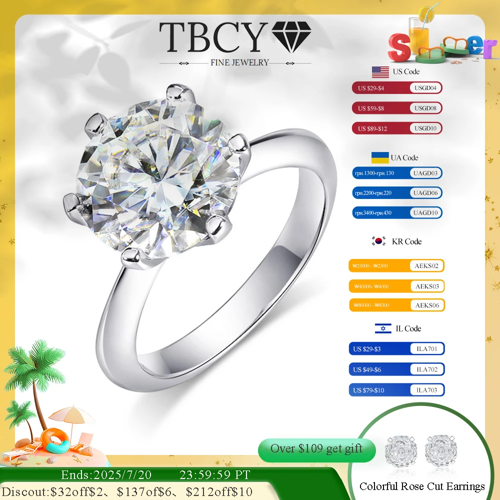 

TBCYD 10CT D Color VVS1 Moissanite Ring For Women S925 Silver Rhodium Plated Diamond Wedding Band Classic Solitaire Ring Jewelry