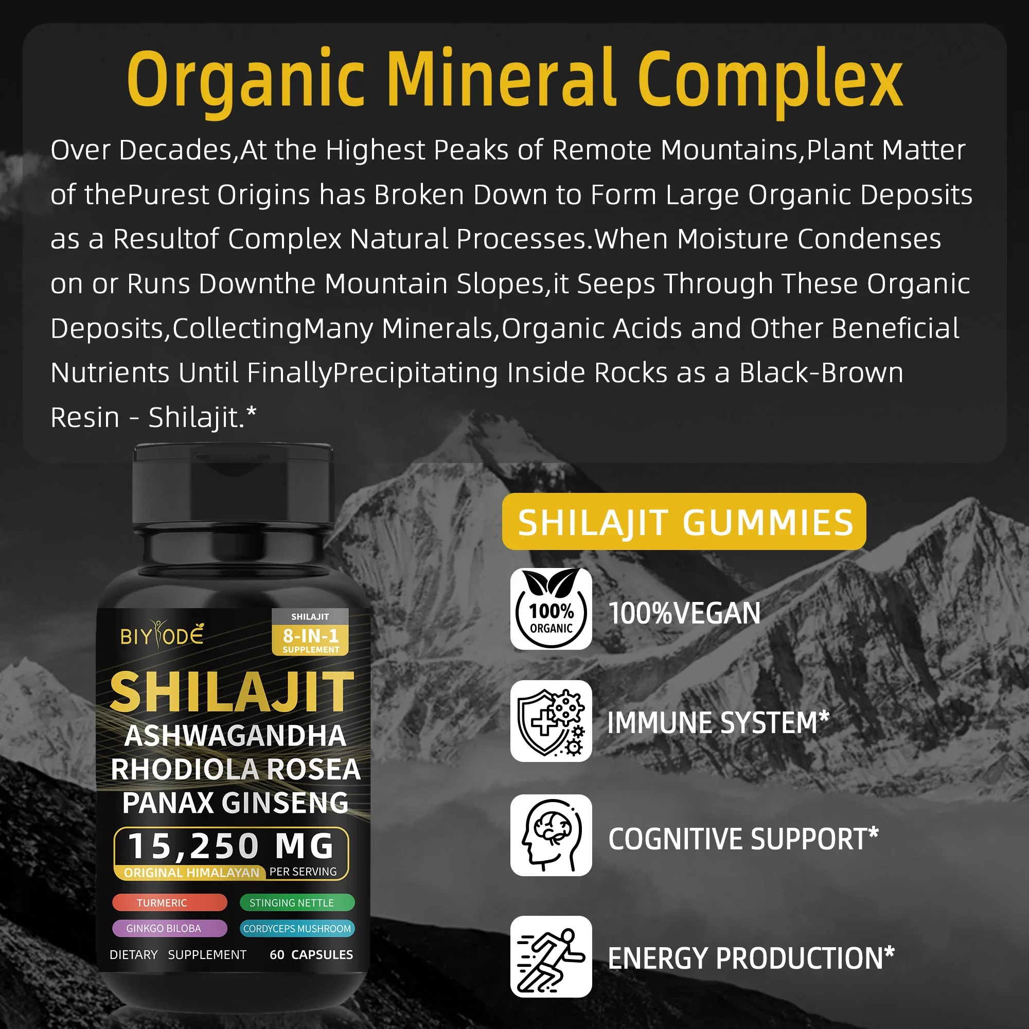 Shilajit, Ashwagandha, Rhodiola Rosea, Panax Ginseng, Cordyceps Mushroom Supplements for Health, Energy & Endurance, Muscle Mass