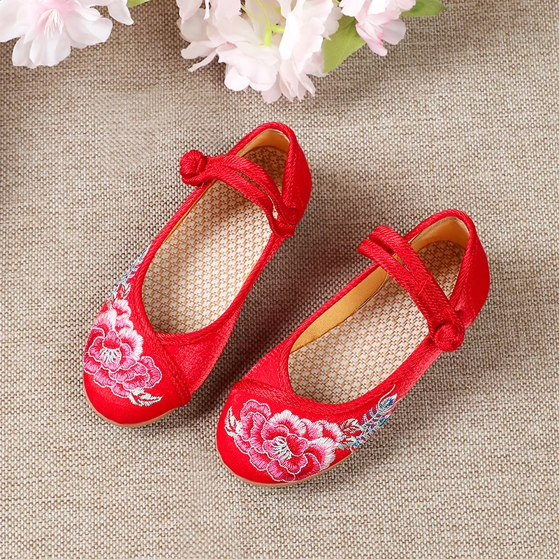 Sapato Hanfu bordado infantil, estilo chinês para meninas, sapato de pano de algodão, solado macio, sapato princesa liso, confortável, vermelho, rosa