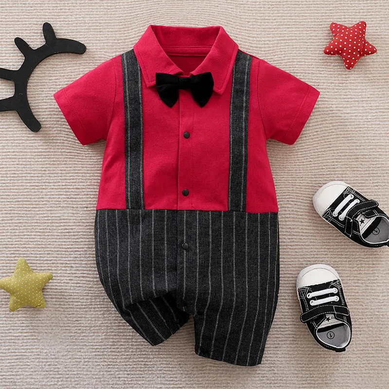 

Newborn Boy Baby Simple Casual Fashion Striped Gentleman Style Bow Splicing Contrasting Color Spring Summer Season Baby Jumpsuit