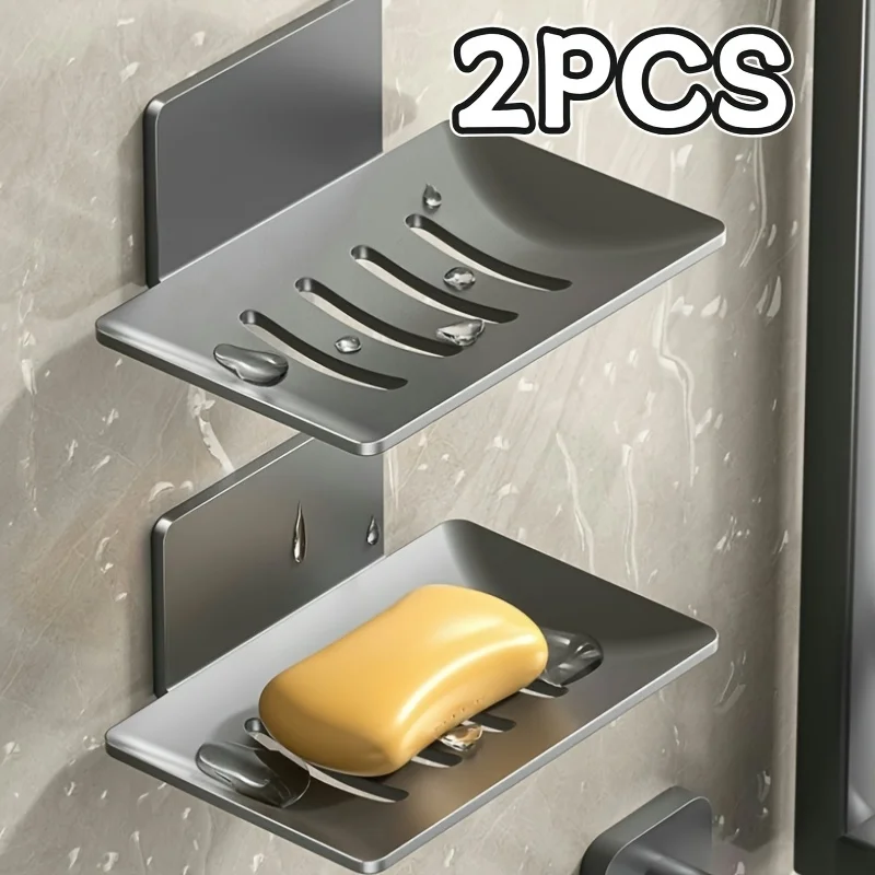

No-Drill Soap Rack, Carbon Steel, Strong Adhesive. Drain Well, Save Space. 2pcs.
