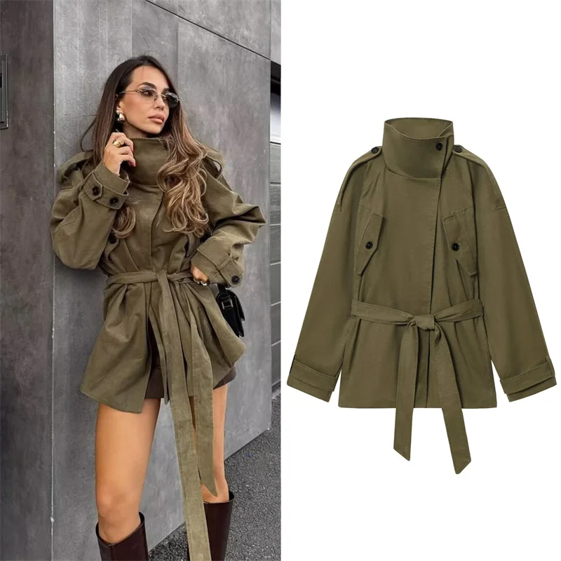 

Women's Trench Coat 2025 Autumn New Style Army Green Long Sleeve Cotton Belt Decorative Trench Coat Casual Fashion Versatile