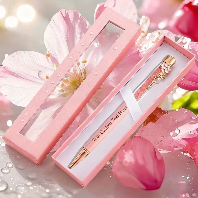 Personalized Custom Logo Can Be Laser-Engraved with Names and Dates, Pink Ballpoint Pen Set, Pink Ballpoint Pen with Pink Rectangular Pencil Gift Box, Built-In High-End Ballpoint Pen Stationery Box, Back-To-School Supp