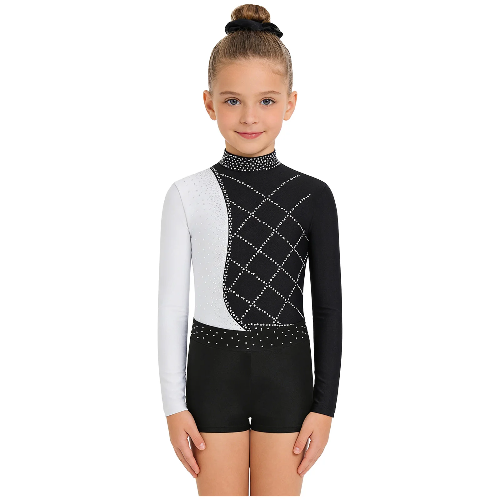 Kids Girls Gymnastics Dance Outfit Long Sleeve Rhinestones Leotard Bodysuit with Shorts Hairband Ballet Figure Skating Costumes