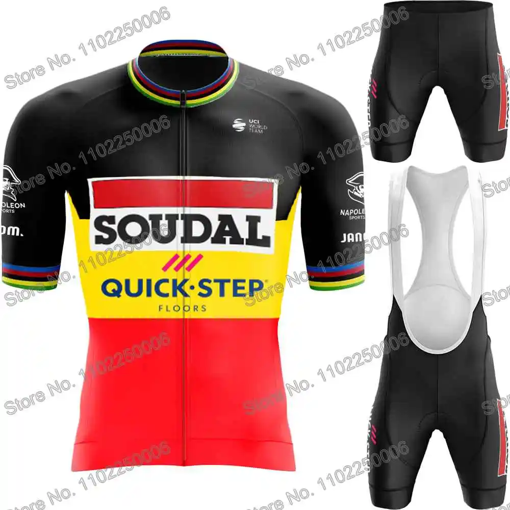 Soudal Quick Step 2023 Cycling Jersey Set World Champion Men Cycling Clothing Belgium Remco Evenepoel Bike Shirt MTB Bicycle Bib