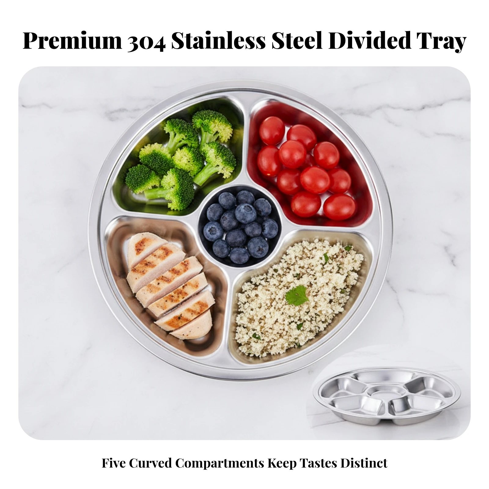 Stainless Steel Divided Plate Long-Lasting Divided Dinner Plate Tableware Sturdy Stackable for Children, Cafeteria, School Lunch