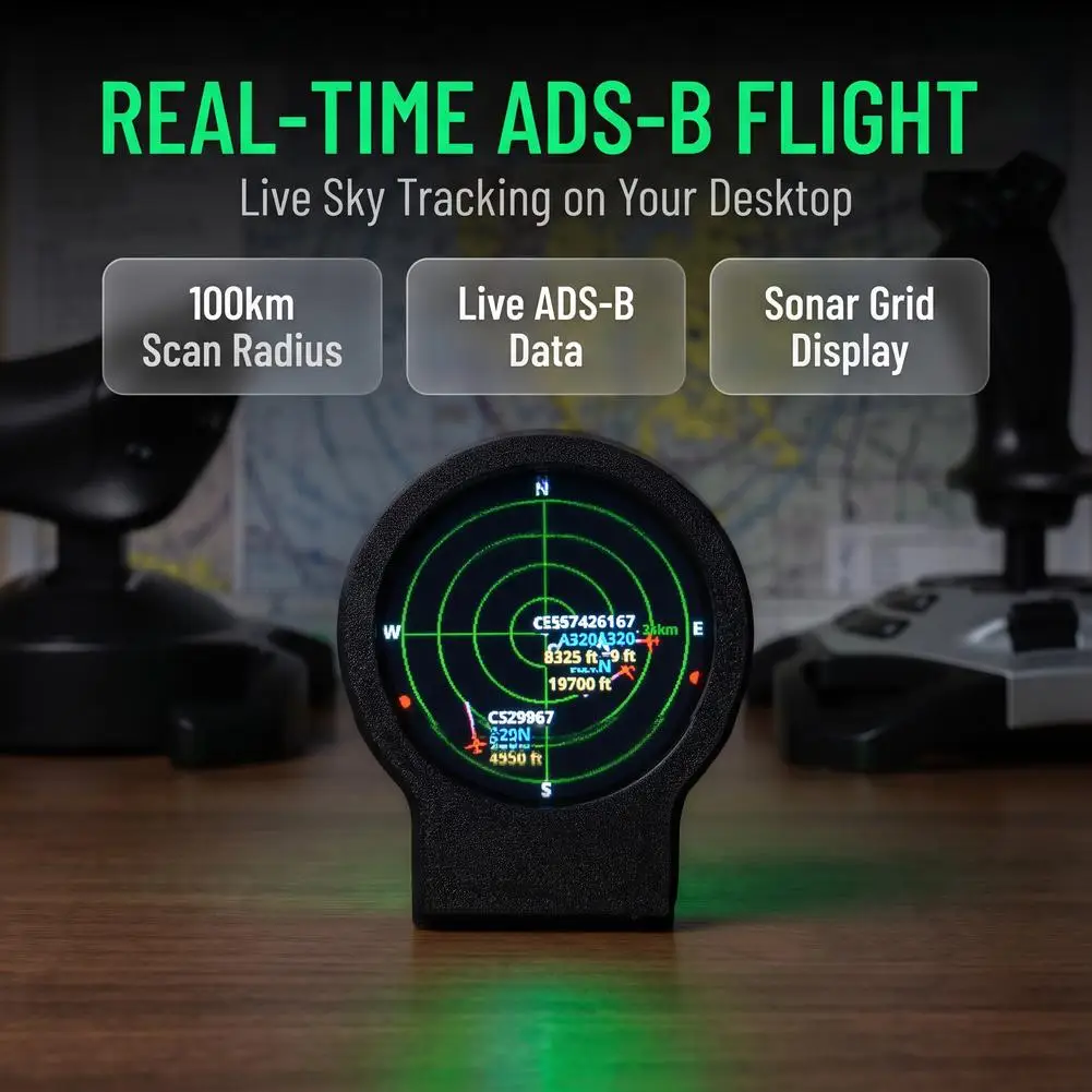 In Stock USB-C Deskradar Live ADS-B Flight Tracker Gadget With Sonar Grid Screen With 3D Printed PLA Case Aviation Desk Decor
