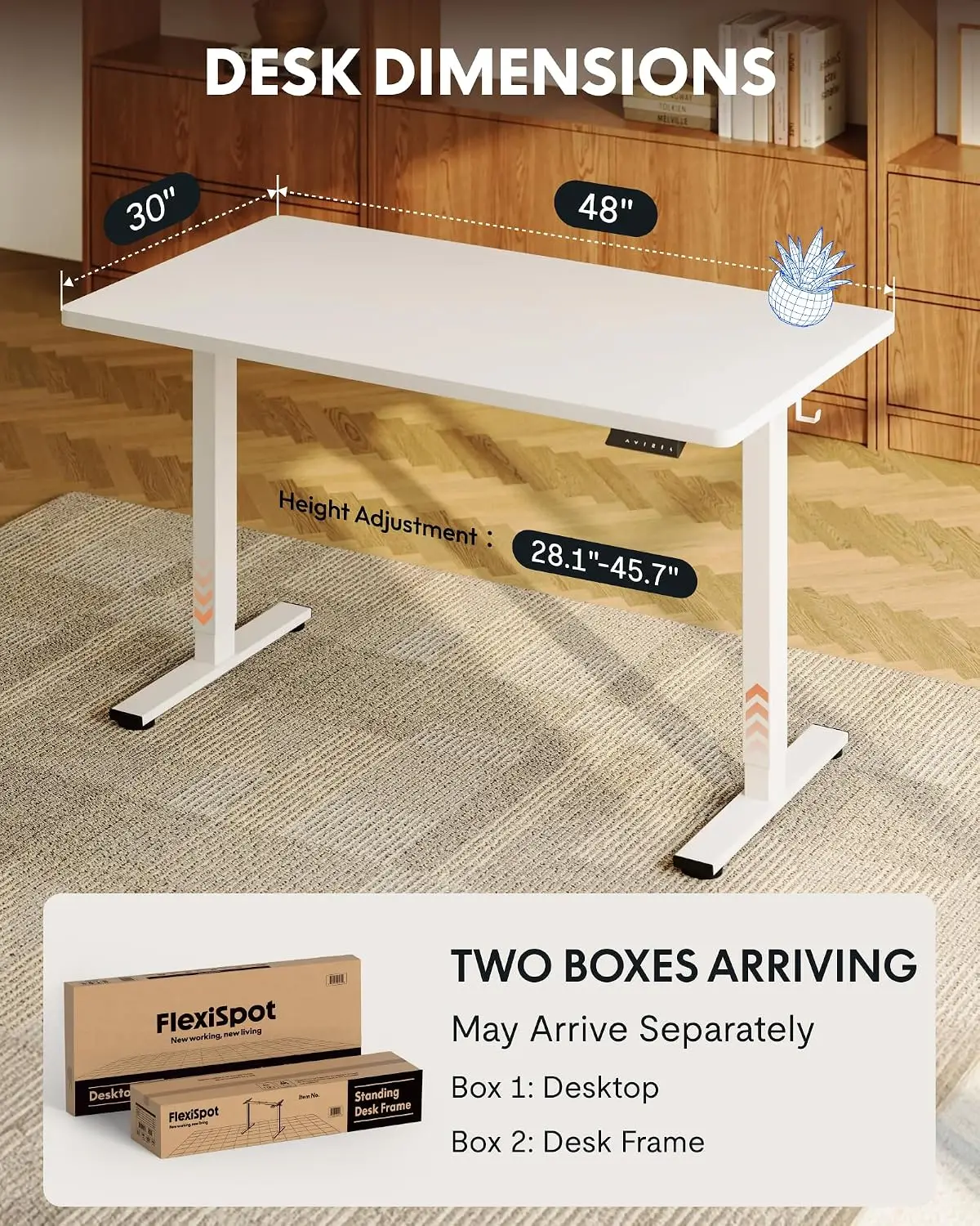 One-Piece Electric Height Adjustable Standing Desk 48x30 Inch White, Customized