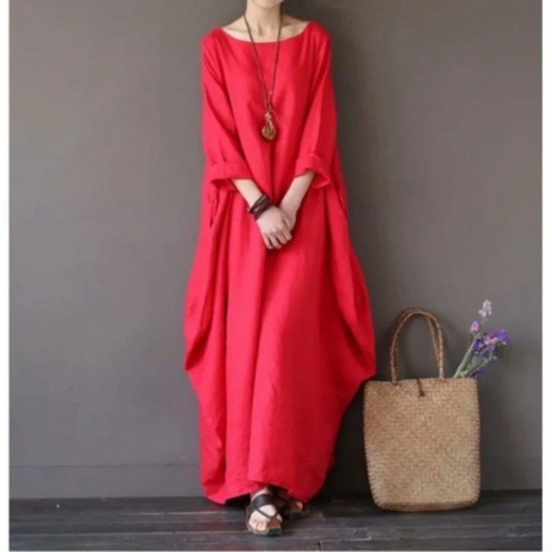 

Women Summer Thin Cotton Linen Loose Dress Literary Boho Long Sleeve 2025Dress Lady Solid Color Robe Vintage Kaftan