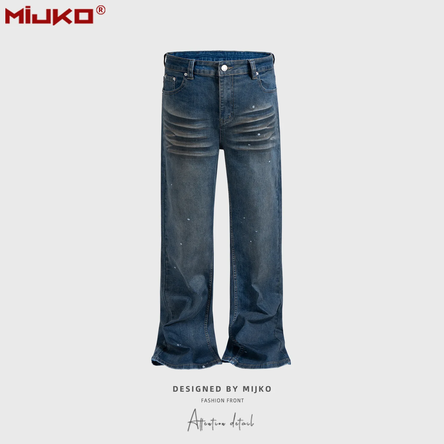 

MIJKO Men's and Women's Splatter Paint Accent Jeans Unisex Washed Vintage Flared Wide-Leg Frayed Blue Jeans G6879