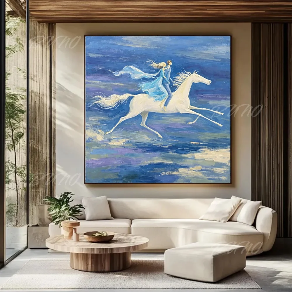 Hand Painted Original Abstract Oil Painting Dreamy Blue Impressionist Fantasy Canvas Wall Art For Home Living Room Bedroom Decor