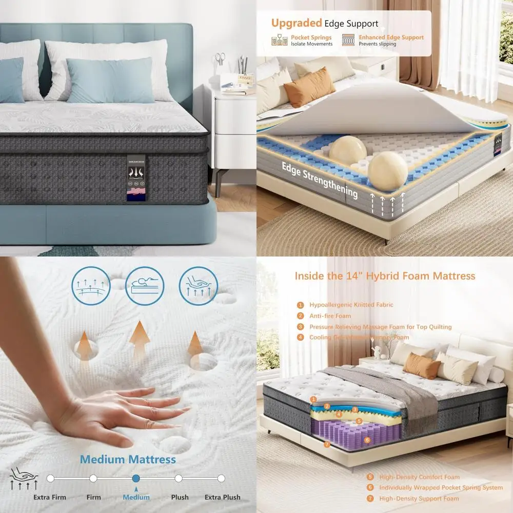 Hybrid Queen Mattress 14 Inches Medium Firm Cooling Gel Memory Foam Independent Spring Mattress in a Box for Comfortable Sleep