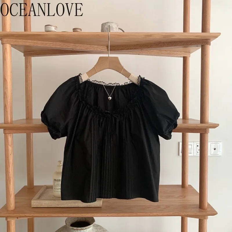 OCEANLOVE primavera estate camicie e camicette donna top manica a sbuffo pizzo volant Solid Blusas Mujer moda coreana dolce Camisas