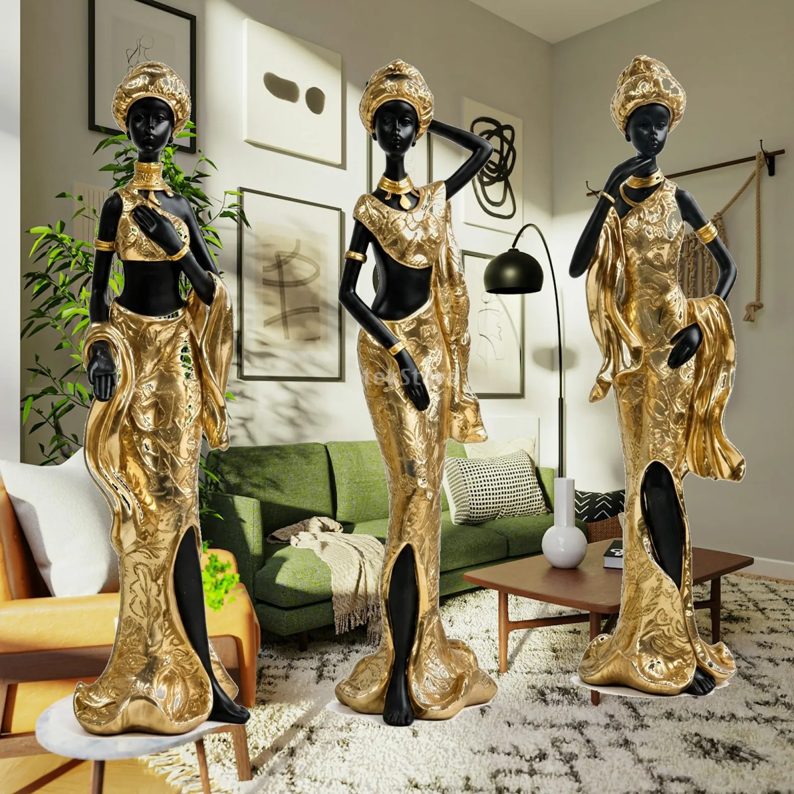 2 Pieces Black and Gold Resin Statue Textured Female Display Statues Carved Details Black Resin Figurines for Living Room,