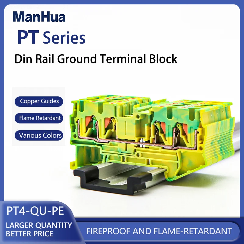 ManHua 10Pcs Din Rail Ground Terminal Blocks PT4-QU-PE Spring Feed Through Connection Ground Terminal Block Wire Conductor