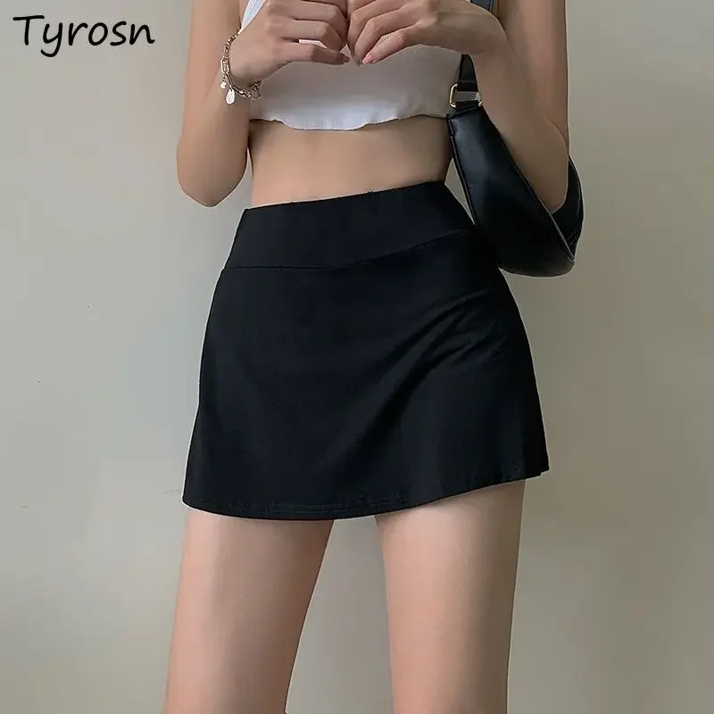 MINI Sporty กระโปรงสีดําผู้หญิงด้านข้างสีเอวสูง Temper ฤดูร้อนเสื้อผ้า Minimalist All-Match แฟชั่นอเมริกันนุ่ม