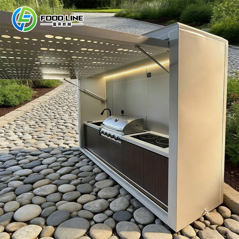 Outdoor BBQ Kitchen Set, Portable Custom Cooking Pod with Built-in Fridge for Outdoor Entertainment