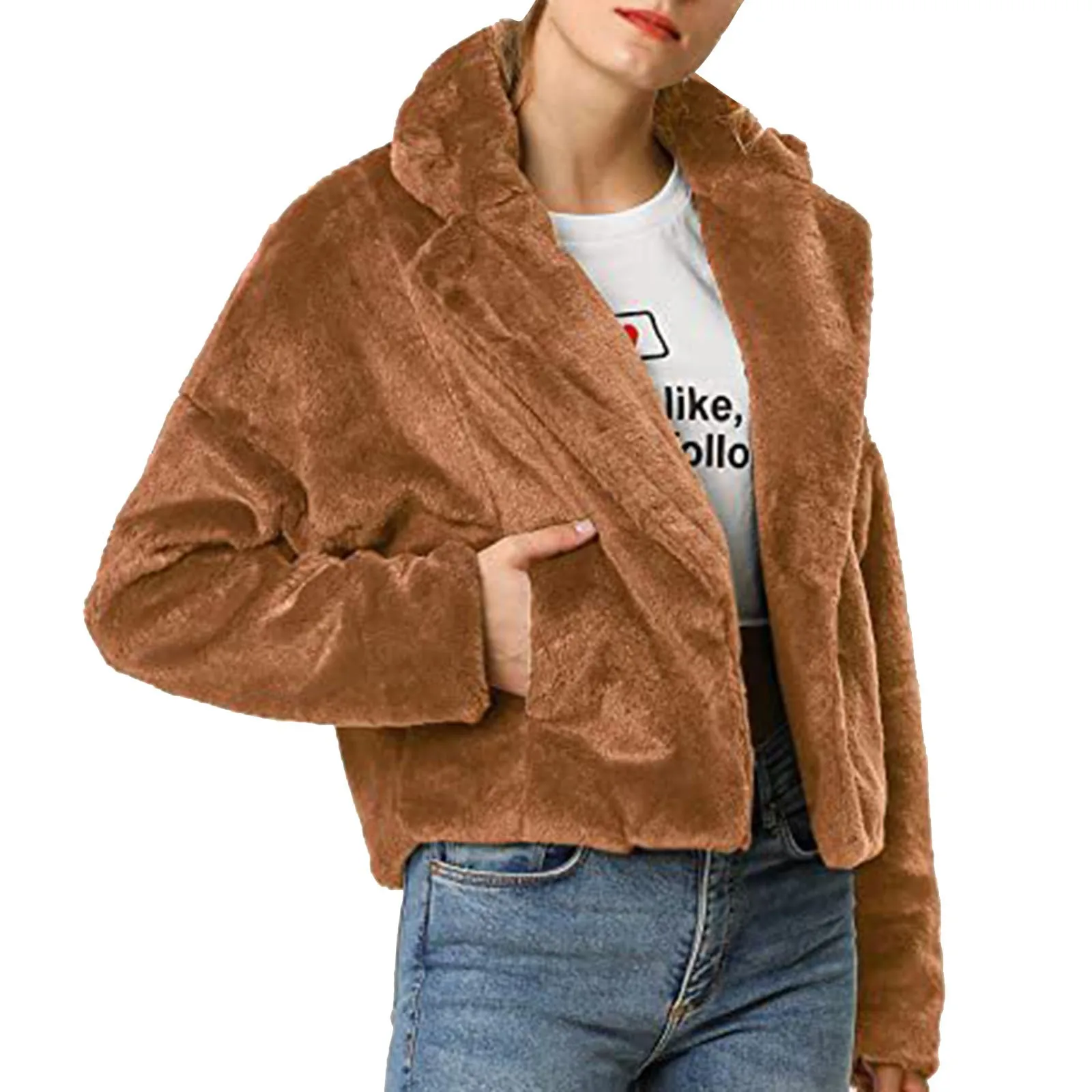 Women's Short Solid Faux Fur Fashion Cardigan Winter Thermal Thick Furry Baggy Jacket Loose Soft Sweater Fleece Hooded Outerwear