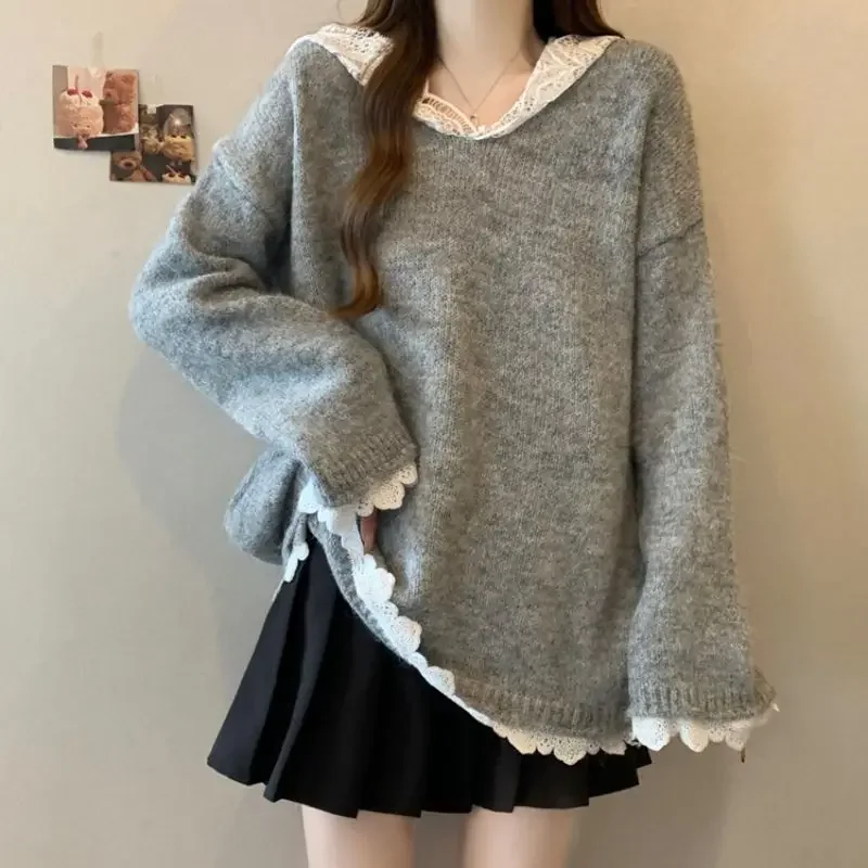 

Loose Lazy Style Autumn Winter plus Size New Arrival Top Polo Collar Sleeveless Lace Patchwork Hooded Women's Knitwear