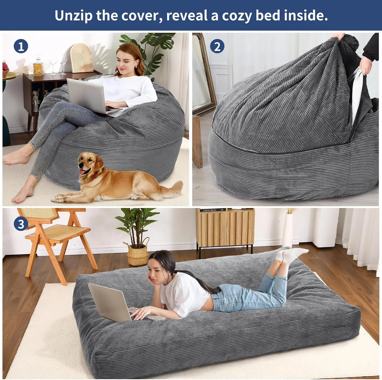 Garvee 2 in 1 Convertible Bean Bag Chair Bed Separable Round Ball Cushion Giant Bean Bags Pouf Sofa Bed Tatami Relax Lounge Furniture Only Bags Case