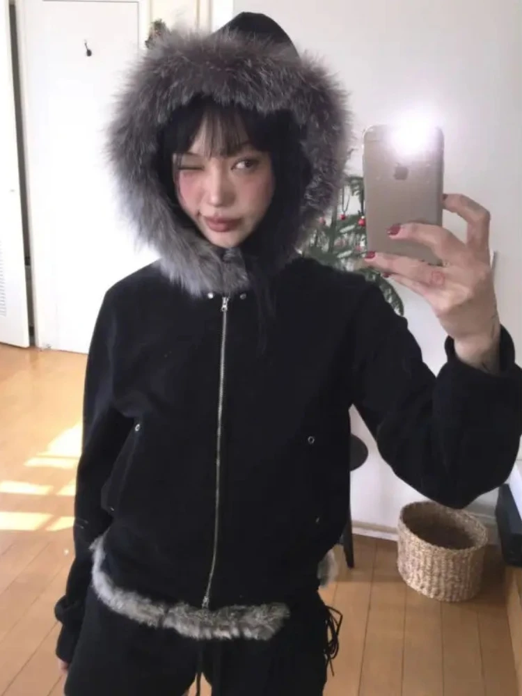 Y2k الخريف والشتاء الفراء طوق الربط تصميم الشعور مقنعين البلوز المرأة عارضة قصيرة سستة فضفاضة التخسيس أعلى #5