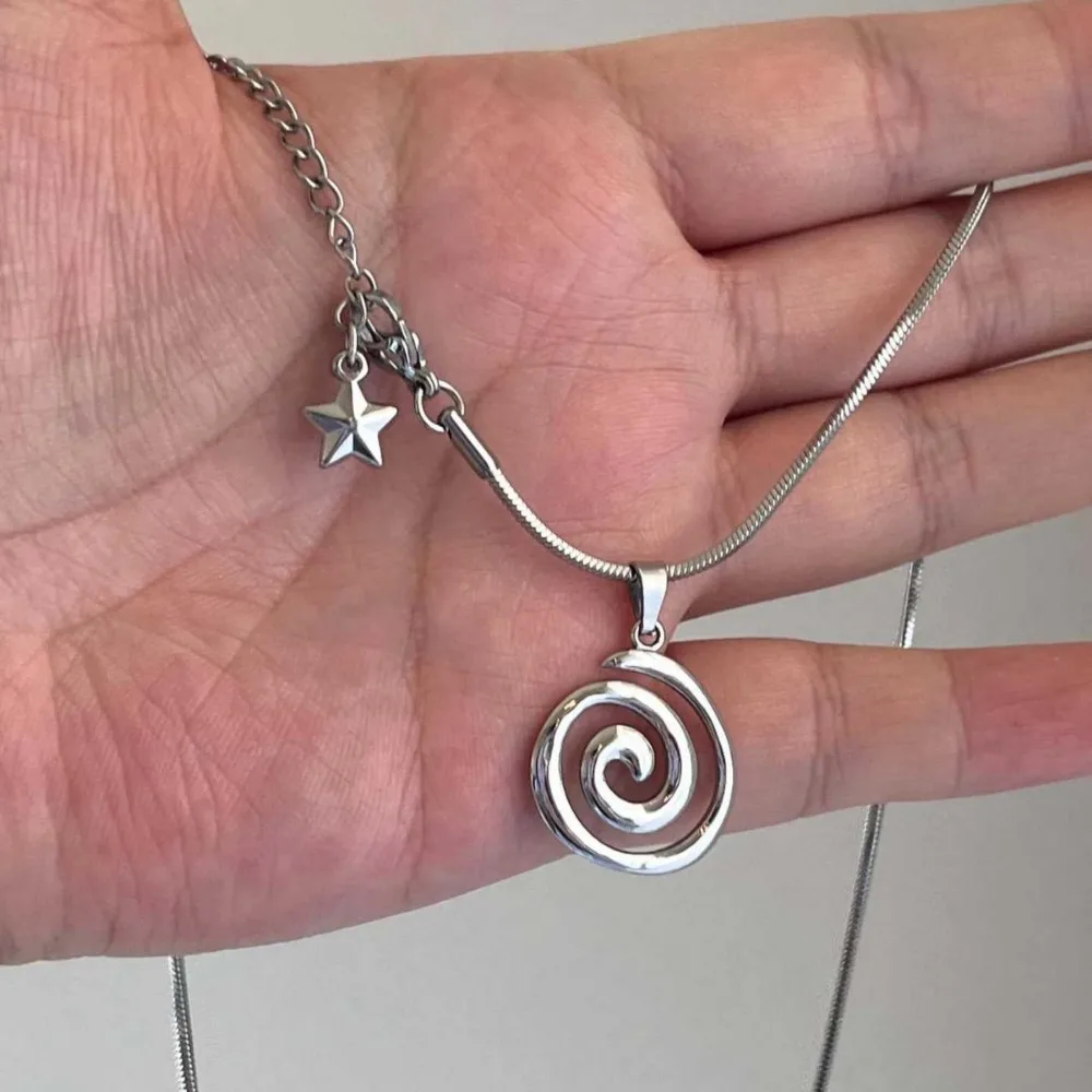 Simple Trendy Y2k Stainless Steel Star Swirl Spiral Pendant Necklace for Women Men  Gothic Punk Streetwear Casual Jewelry Gifts