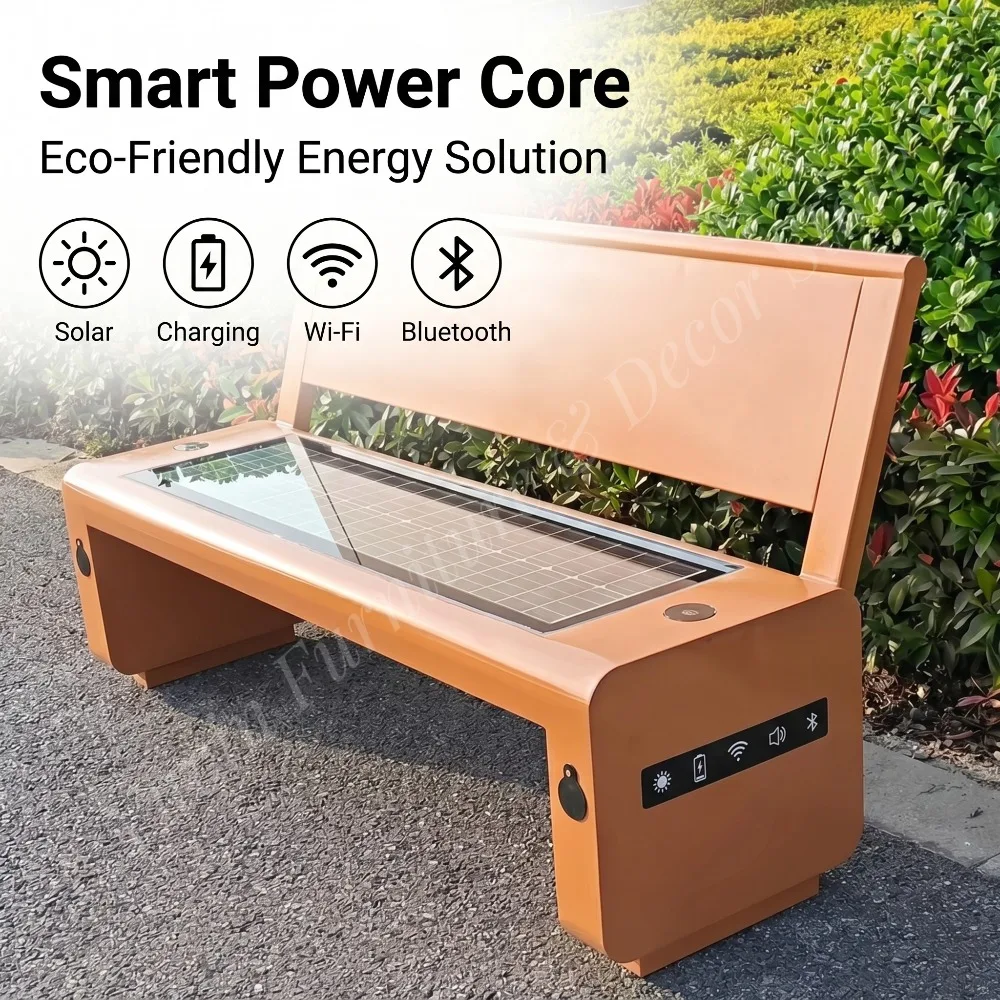 Outdoor Smart Solar Modern Waterproof Cell Phone Charging Entry Patio Bench for Park Gym Mall Hotel Villa Use