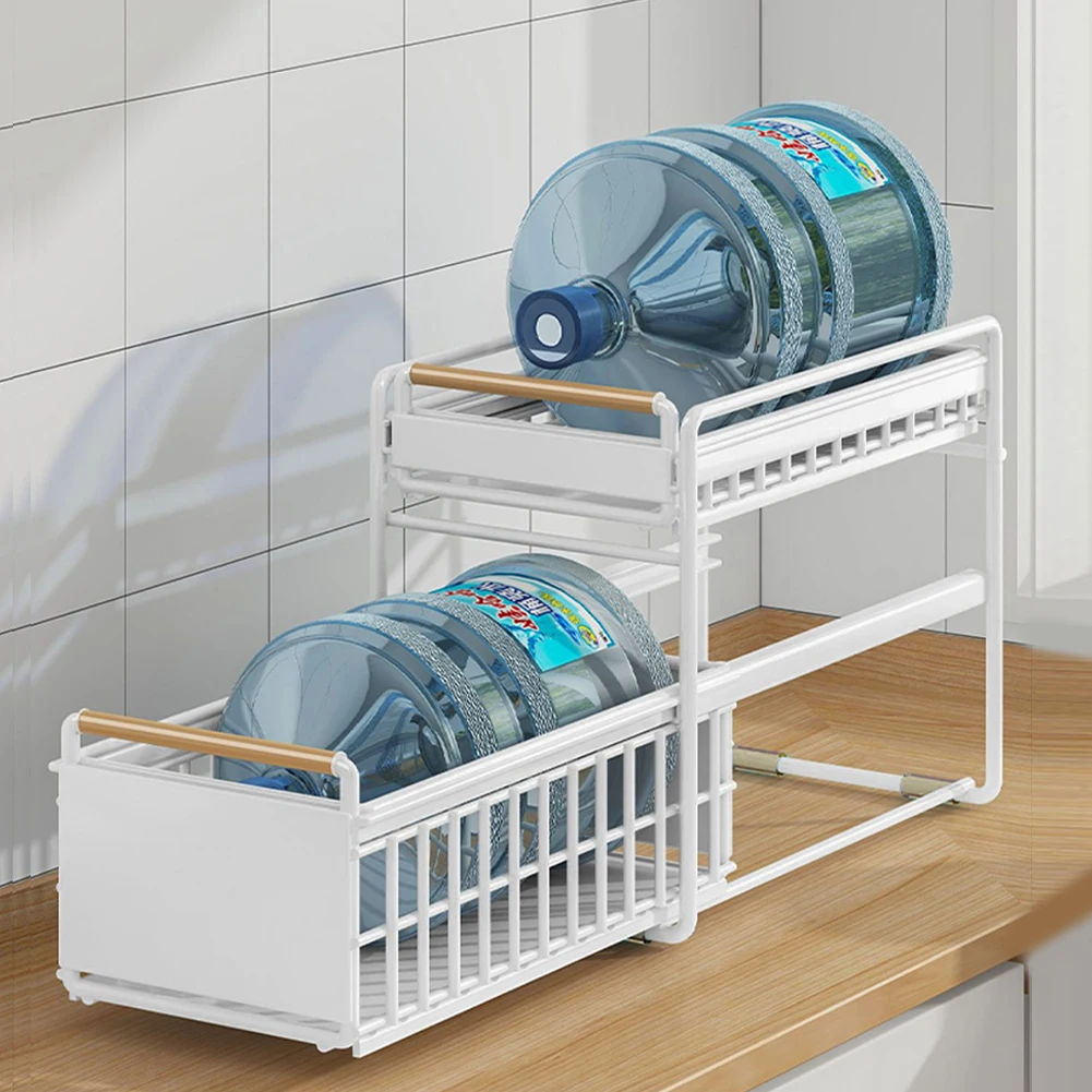 

2-Tier Cabinet Pull-Out Organizer with Hooks Slide Storage Drawer Under Sink Basket Drawer for Bathroom Bedroom Skin Care