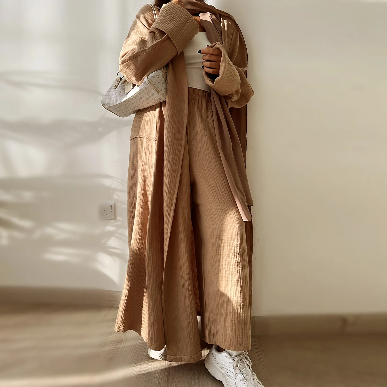 

Dubai Türkiye Summer Solid Cotton Folded Sleeve Casual Oversized Cardigan Muslim Loose Lace up Set