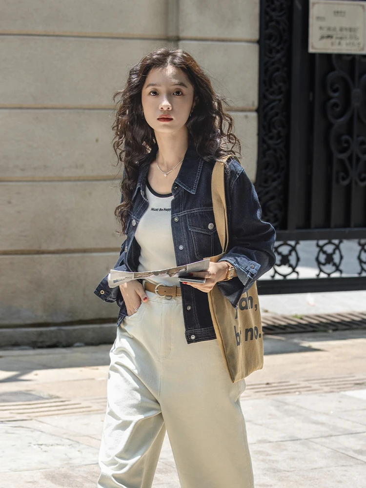 

Ретро-куртка из денима в гонконгском стиле, темно-синяя, повседневная, с воротником-рубашкой, женская, весенне-осенняя, универсальная, для поездок на работу, модная, прямого кроя.